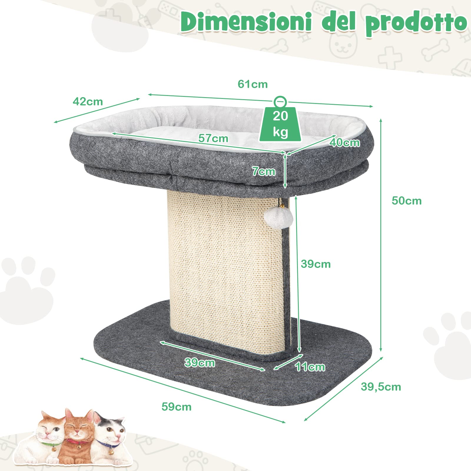 GYMAX Albero Tiragraffi per Gatti in Legno con Rivestimento in Peluche, Paletti in Sisal, Nido Confortevole, Palla da Appendere, 59 x 39,5 x 50 cm, Portata 20 kg (GRIGIO)