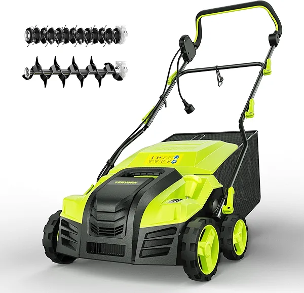 16-Inch Electric Dethatcher and Scarifier, YERYORK 2-in-1 Scarifier and Lawn Dethatcher with Powerful 15.5 AMP Motor 14.5Gal Collection Bag 5-Position Depth Foldable Handle for Lawns(Dark Green)