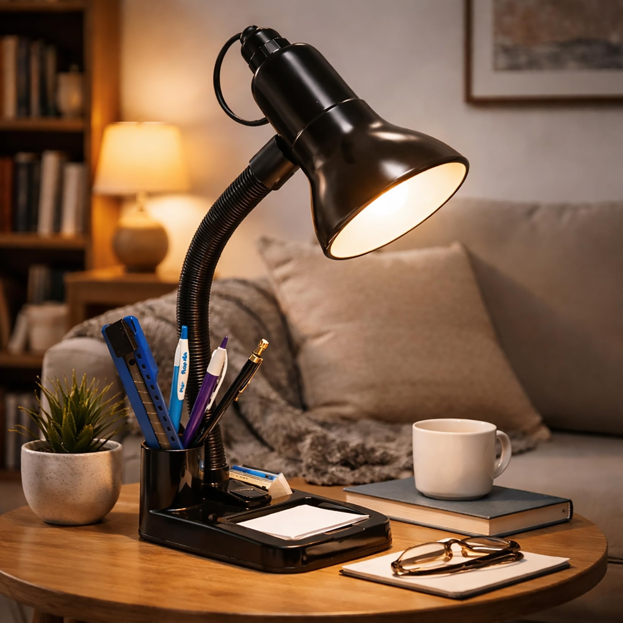 Decorcity Adjustable LED Study Table Lamp with Pen Holder & Memo Tray | Flexible Gooseneck Desk Lamp for Home, Office & Kids Study | Bright Focus Light | (Black with Bulb)-image-47