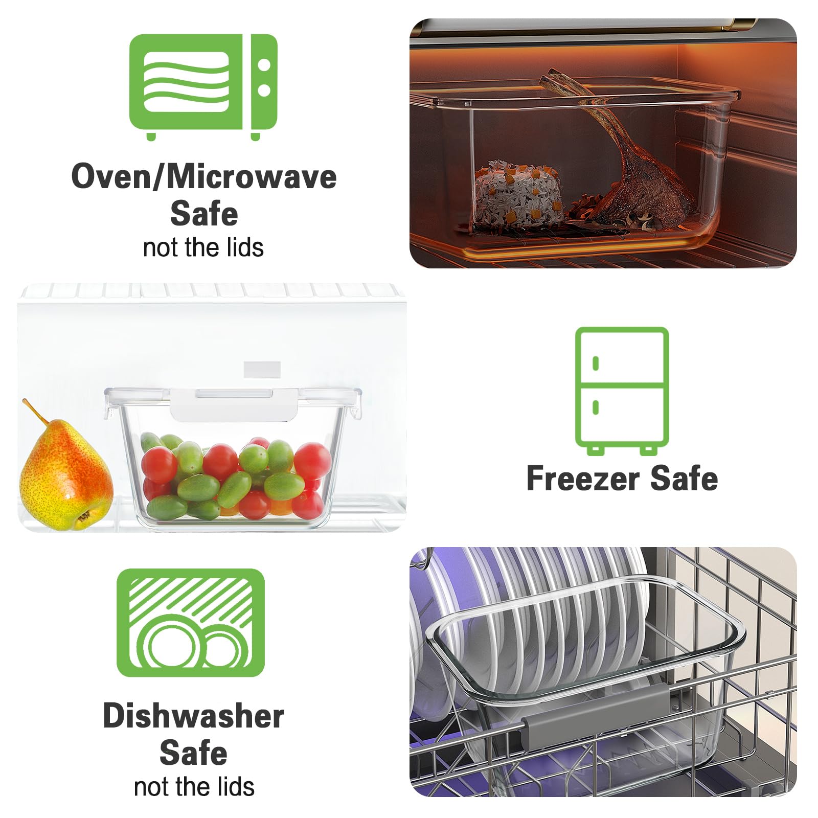 HOMBERKING Paquete de 2 recipientes grandes de vidrio para almacenamiento de alimentos, preparación de comidas, cajas bento herméticas con tapas de bloqueo a prueba de fugas, para microondas, horno,