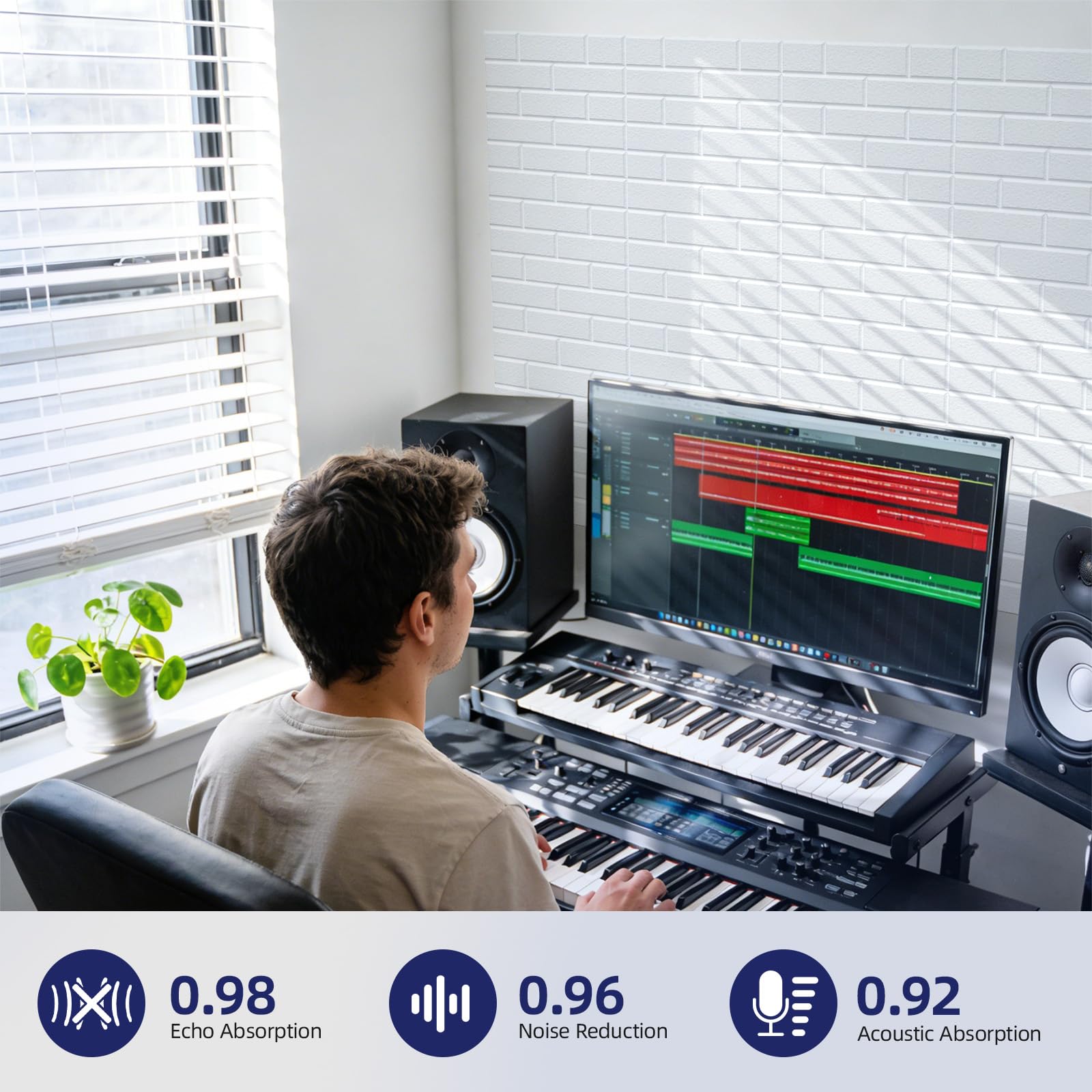 Vieshful Selbstklebende Akustikpaneele für Homeoffice, Musikzimmer, Schlafzimmer & Wohnzimmer – 10 Stück 30x30 cm Schallabsorbierende Wandpaneele aus 100% Polyesterfaser mit Ziegelstruktur, Weiß
