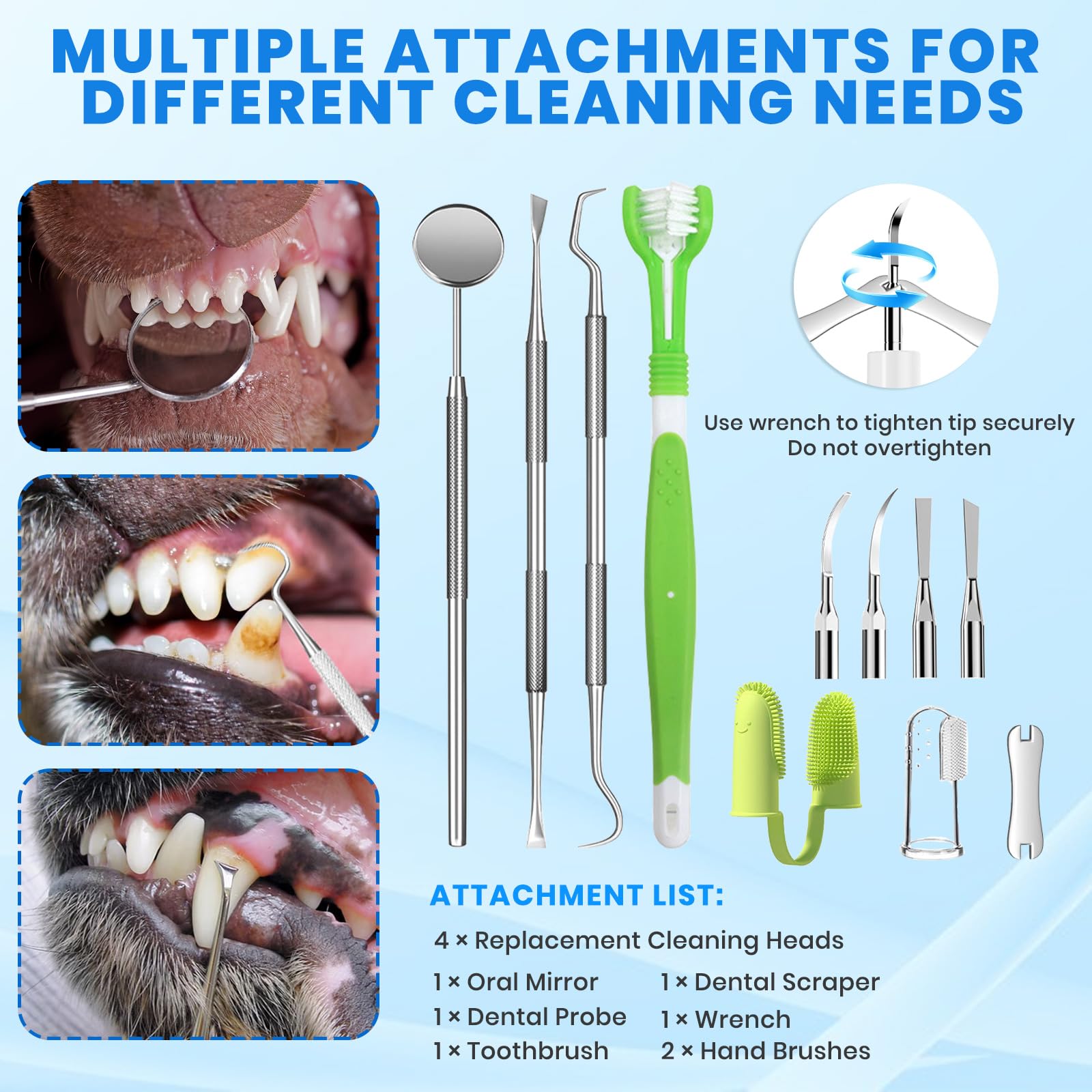 Dents pour chien, nettoyeur de dents à ultrasons avec lumière LED, kit de nettoyage pour tartre et taches, 5 modes réglables, kit de nettoyage des dents d'animaux domestiques, convient pour chiens et