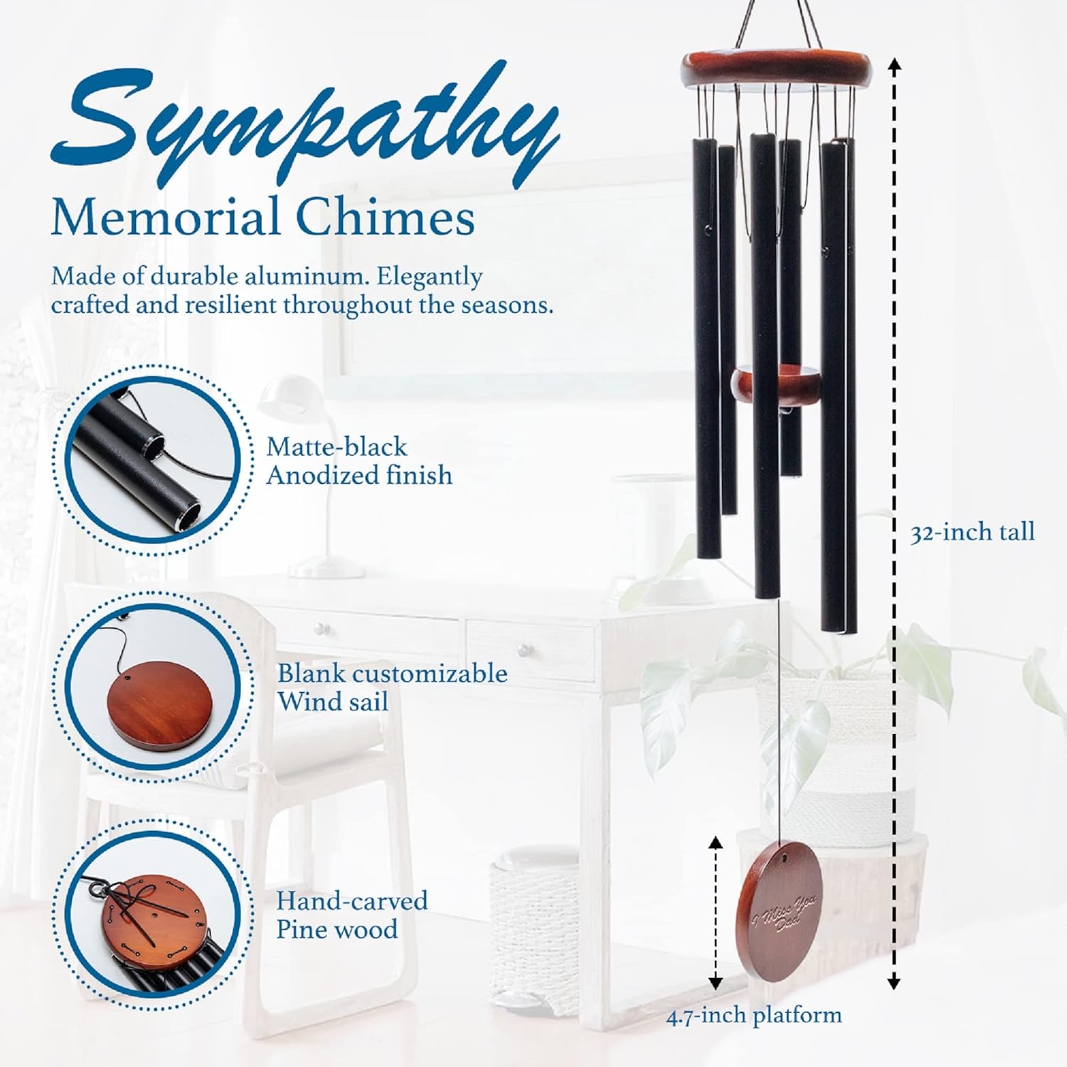 Wind Chimes for Outside Memorial Wind Chimes Include Engraving Pen, 32 Inches Sympathy Gift, Sympathy Wind Chimes for Loss of Loved Ones Great for Any Kind of Gift for Family & Friends