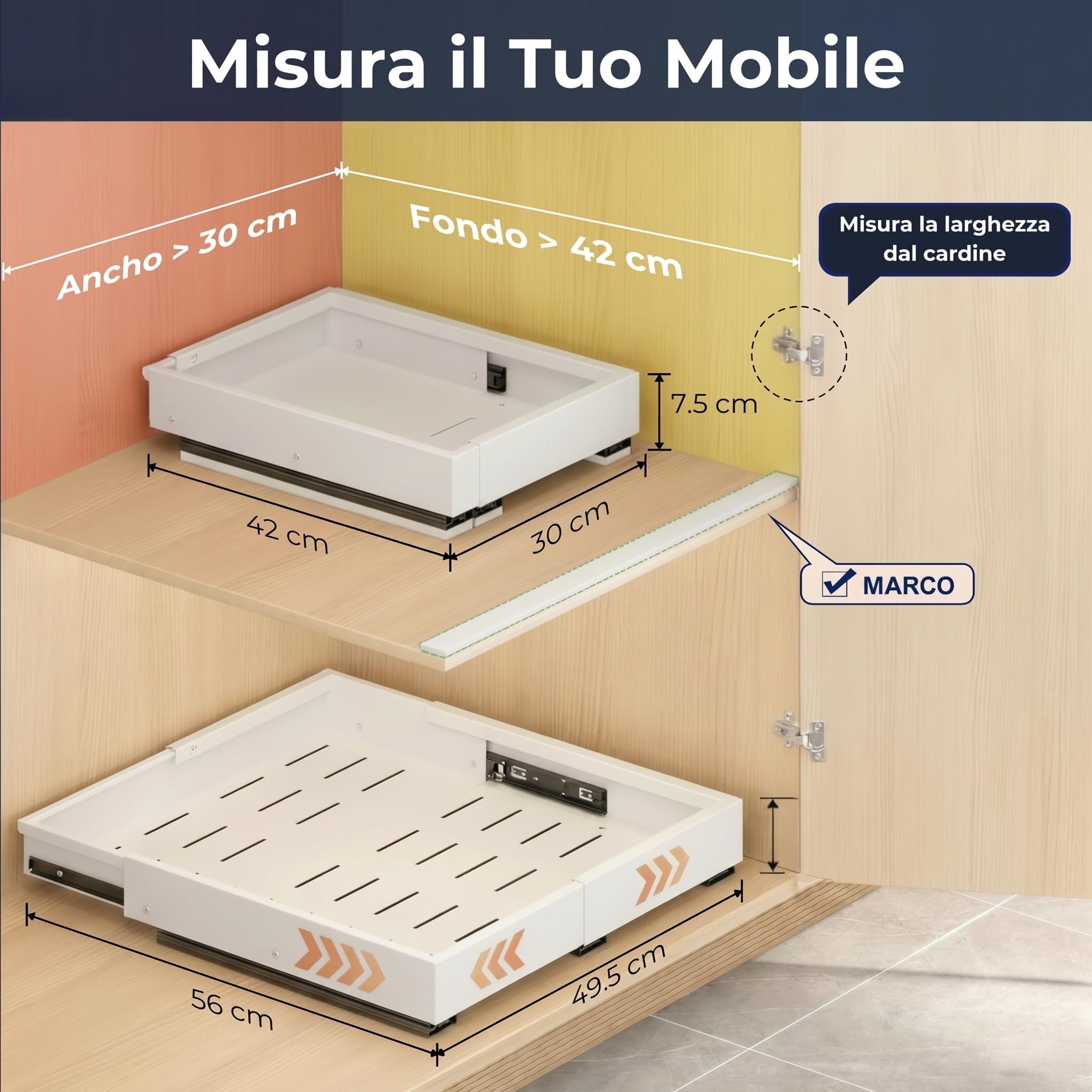 Cassetto Estraibile Cucina – Organizzatore Regolabile in 4 Direzioni, Larghezza 30-49,5 cm e Profondità 42-56 cm, Senza Trapano, Binari Scorrevoli Silenziosi – Ottimizza lo Spazio in Armadi e Dispensa