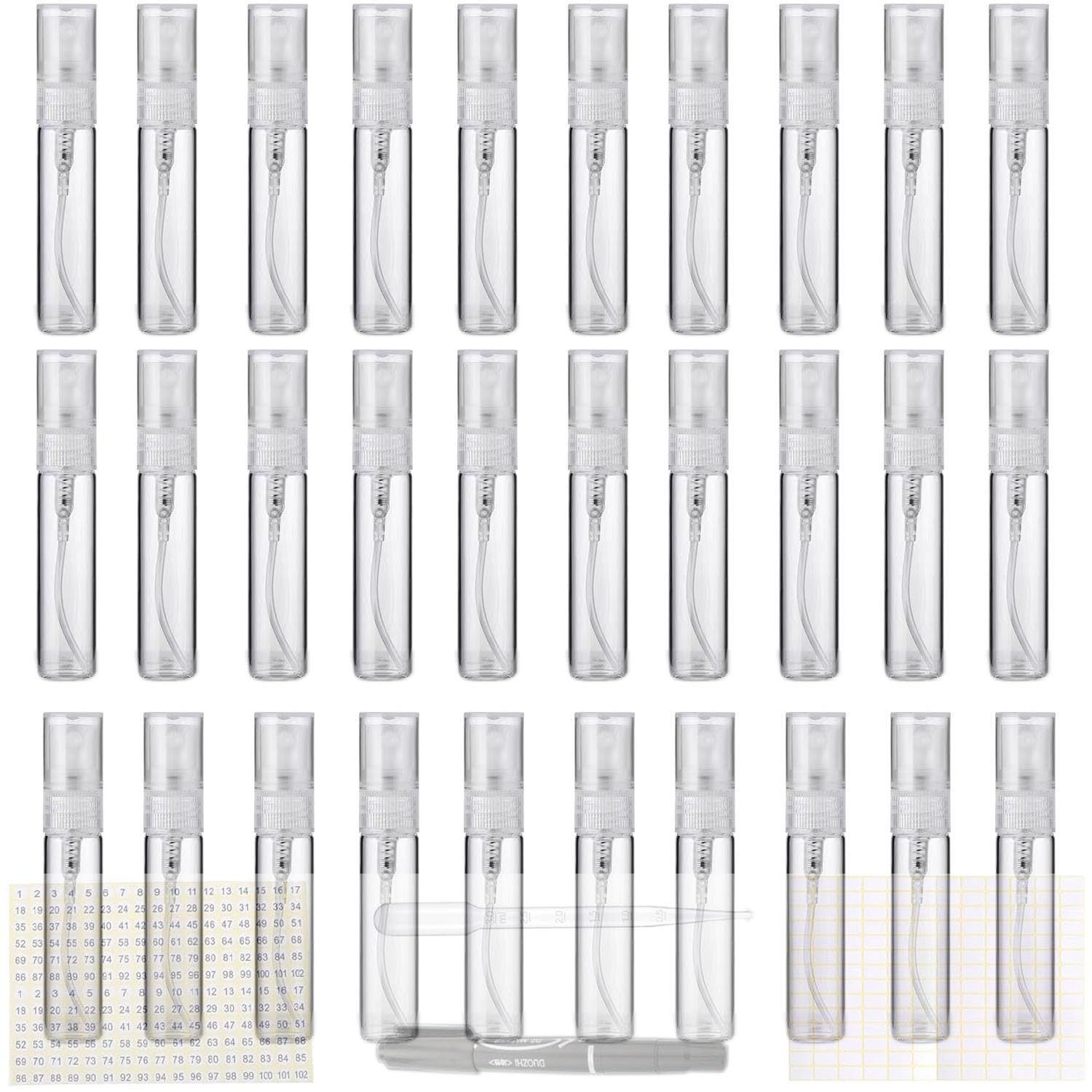 30 Pezzi Mini Flacone Spray, 5 ml bottiglia campione,con etichetta adesiva,mini flaconi spray atomizzatore vuoti da vetro trasparente, flacone spray vuoto ricaricabile