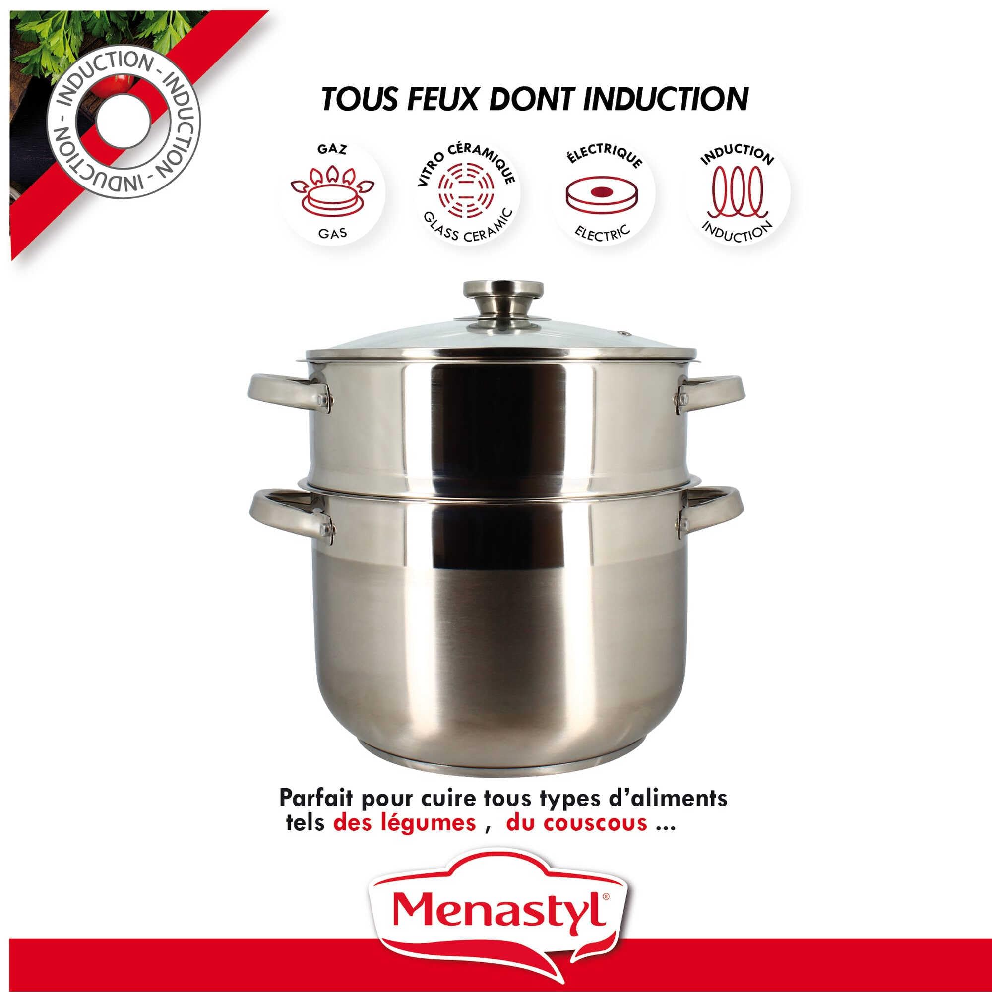 MENASTYL - Couscoussier 10L en acier inoxydable - Couvercle en verre - 4615450