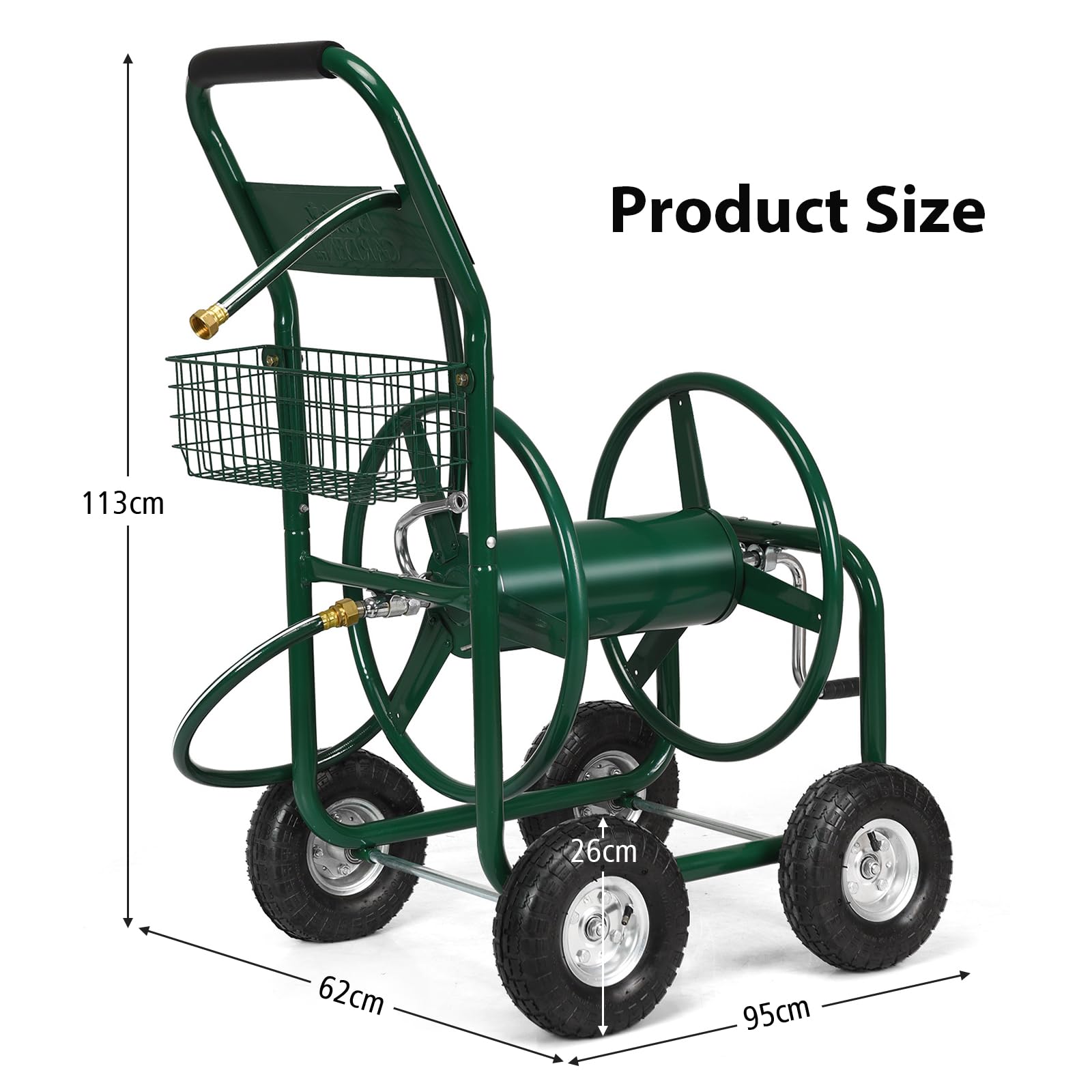 SOARS Carro de manguera de metal, enrollador de manguera para manguera de 5/8", carrete de manguera con cesta, neumáticos de goma y ruedas de goma, carro de manguera de jardín con manguera de conexión