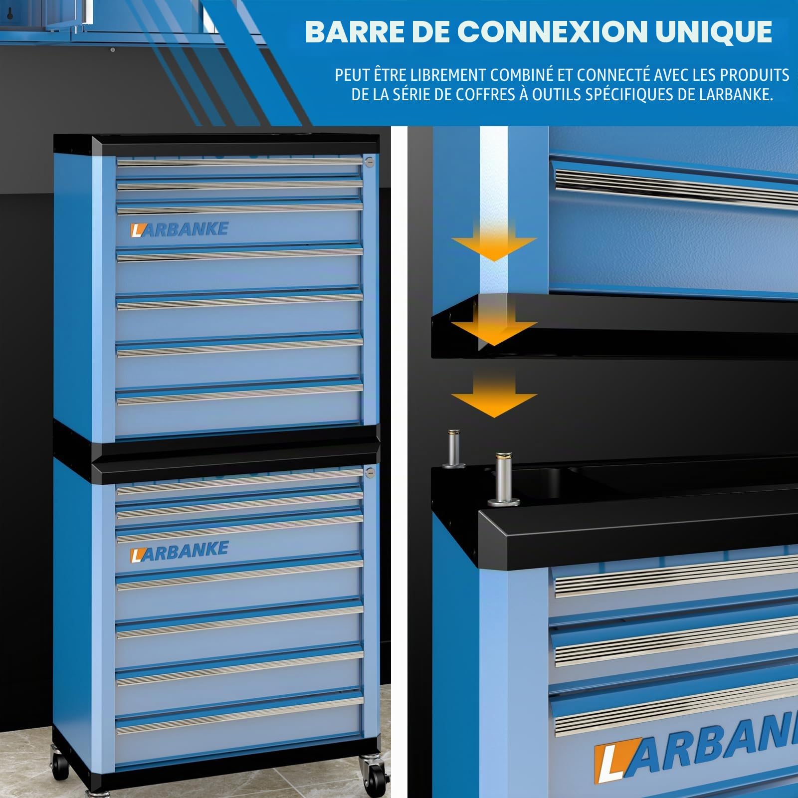 LARBANKE Chariot d'atelier Metallique,7 Tiroirs Armoires à Outils,Verrouillable Chariot,4 Roulette,Tapis antidérapants,avec Tige de Connexion,Peut être relié au Meuble à 5 tiroirs Servante d’Atelier
