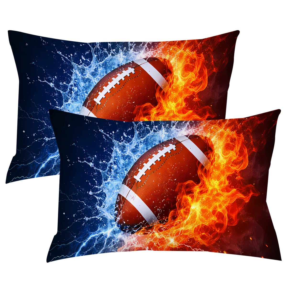 Fire and Ice Football Pillow Cover Sports Themed Bedding Pillowcases Dark Blue Orange Boy Pillow Shams Set of 2 (Football, Standard 20" x 26")