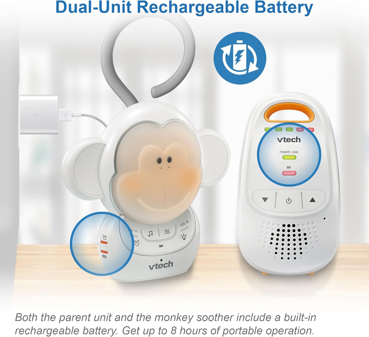 VTech DM1411 Audio Baby Monitor & Portable Soother Dual-Unit Rechargeable Battery, Long Range, Soft-Glow Night Light, Soothing Sounds & Lullabies, Digital Wireless Transmission, Sound Indicator