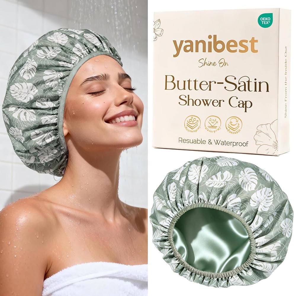 Yanibest Frizz Free Satin Lined Shower Cap with Soft Elastic Band | Frizz Free & Large Durable Bath Cap with Soft Elastic Band, Luxury Hair Protection Caps, Nylon Shower Hair Cap