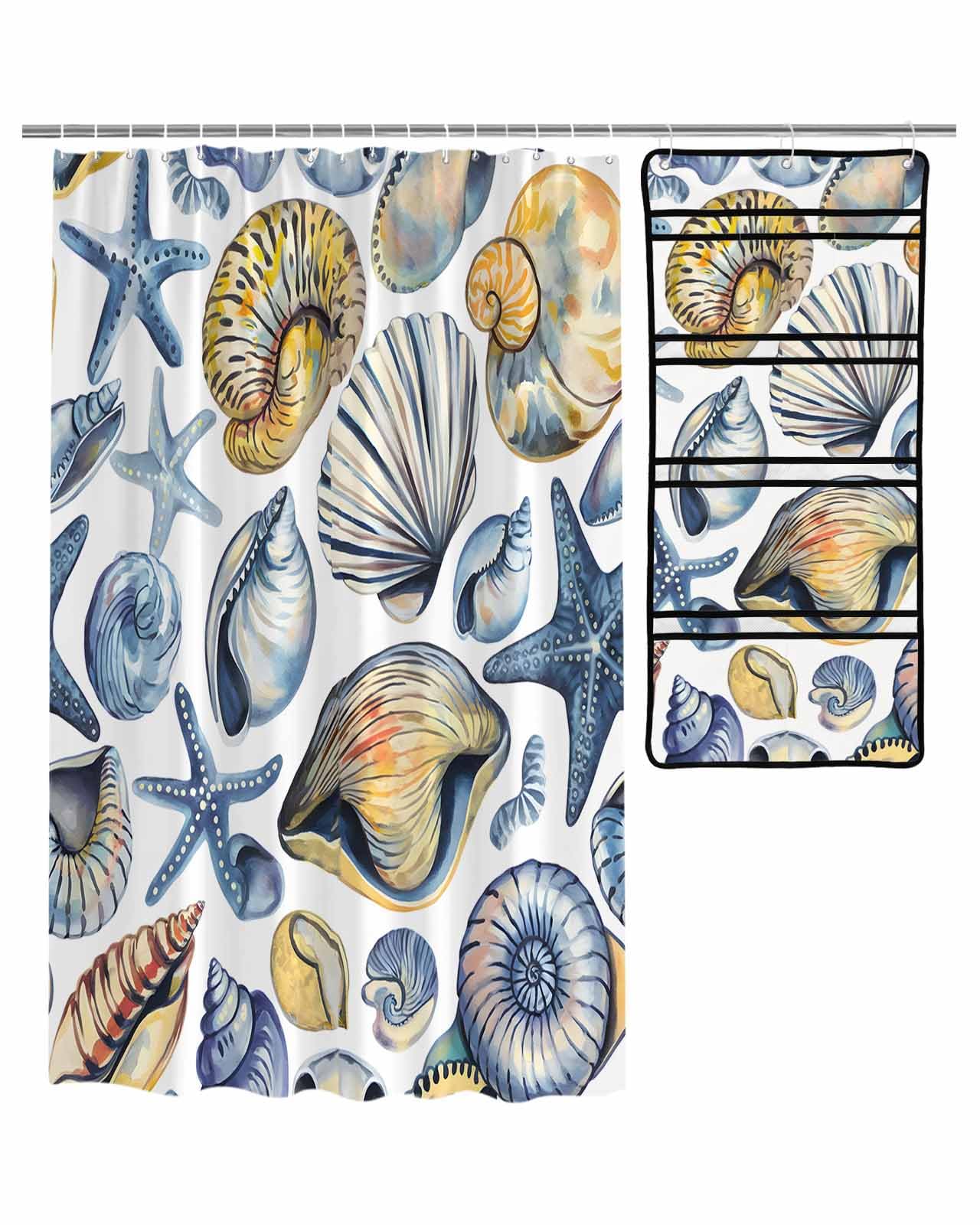ZFUNCING Shower Curtain Mesh Shower Organizer Set Summer Ocean Shell Starfish Waterproof Bath Curtains Hanging Shower Caddy Bathroom