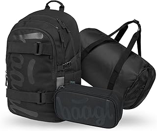 Baagl Schulrucksack Set Jungen 3 Teilig (Skateboard Rucksack, Mäppchen, Sporttasche), Schultasche ab 3. Klasse, Grundschule Ranzen mit Brustgurt, Ergonomischer Schulranzen, 25 l