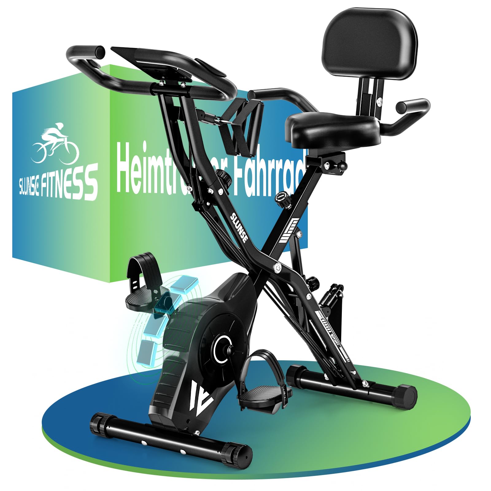 Heimtrainer Fahrrad Klappbar, SLUNSE FITNESS Neu Hometrainer Fahrrad mit 16-stufiger Magnetwiderstand, Ergometer Heimtrainer mit 10dB extra Leise, Indoor Bike für Kardio-Training zu Hause, Bis 160KG