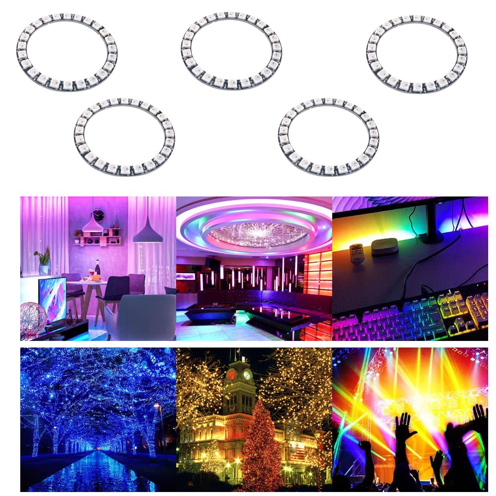 WS2812 RGB LED 24 bits 24 X LED WS2812B 5050 Lumière pleine couleur Anneau adressable avec pilote intégré DC 5 V pour Arduino Raspberry Pi ESP32 (5 pièces)