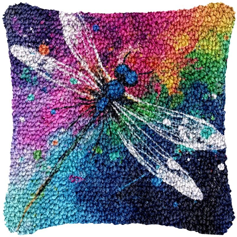 Image of Generic Dragonfly Latch Hook Pillow Cover Kits for DIY Handmade Throw Pillow Cross Stitch Latch Hook Pillowcase Rug Kits with Preprinted Color Pattern Canvas Crochet Yarn Kits 17''X 17''(m37)