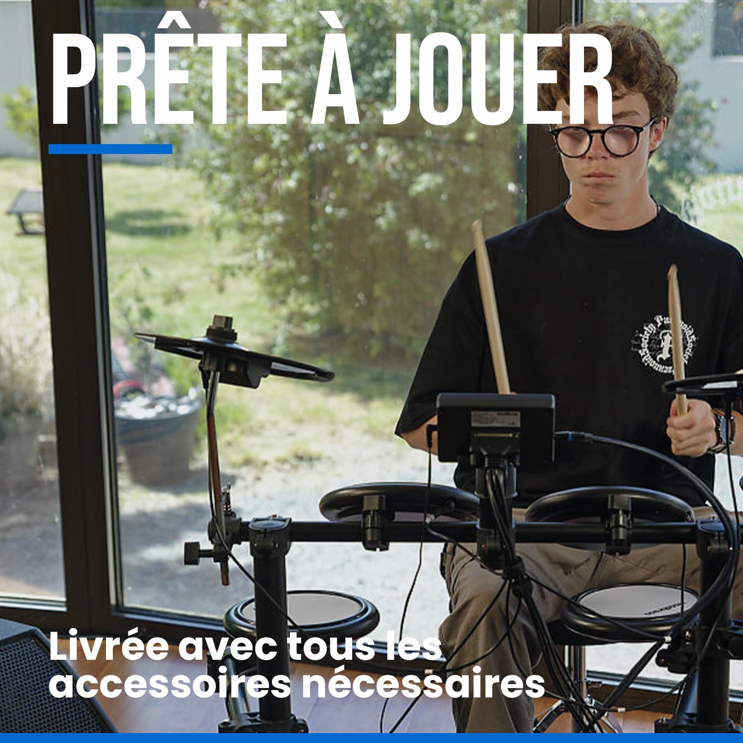 Woodbrass DDX10-MESH Batterie électronique - Kit complet idéal pour débutant enfant & adulte, Prête à l'emploi, Accessoires inclus - Pads en peaux maillées réalistes, naturels, silencieux