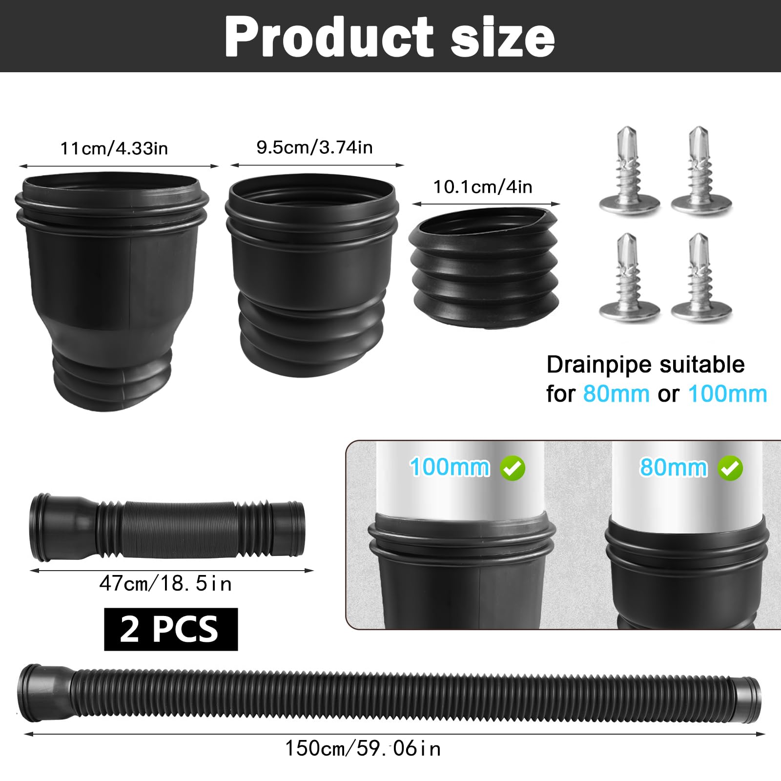 2 Stück Dachrinne Fallrohr Verlängerung Flexible, Fallrohrverlängerungen Flexibel Rund für Fallrohr 80/100 mm, Verlängerbar von 47 bis 150 cm, Fallrohr Dachrinnen Verlängerung (Schwarz)