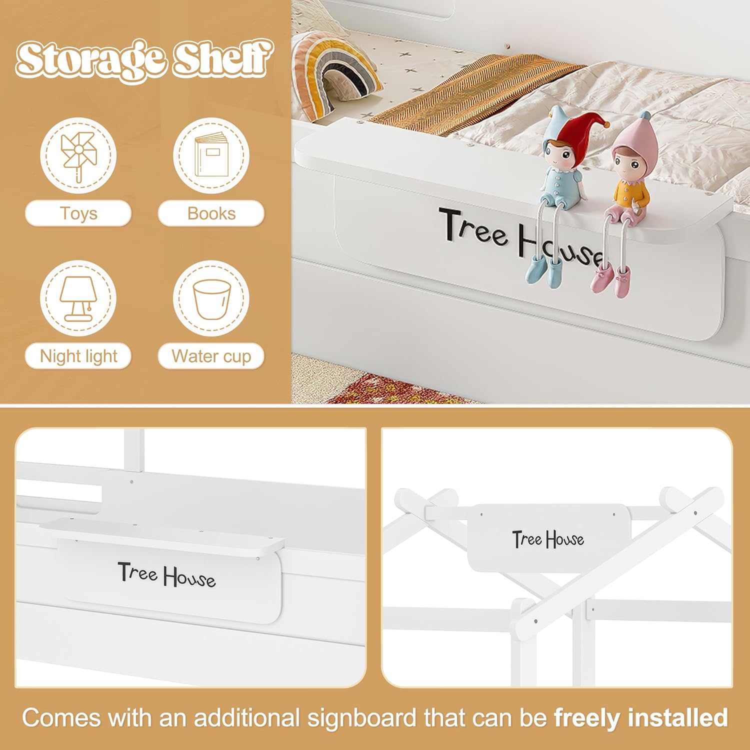 Merax Twin Size House Floor Bed for Kids, Solid Wood Montessori Floor Bed Frame with Safety Fence, Storage Shelf, and Roof, Easy Assembly,White - Image 7