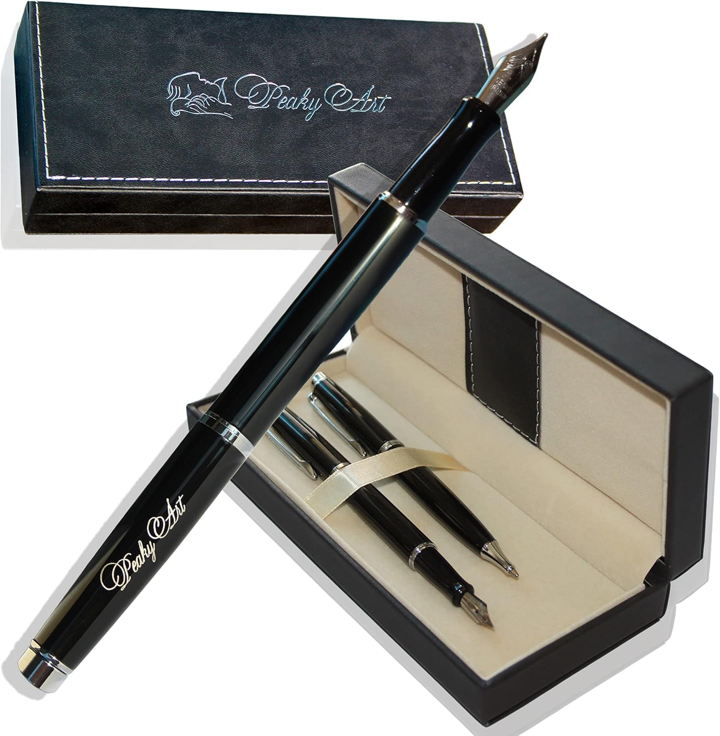 Fountain Pen & Ballpoint Pen Set in Gift Box Black Lacquer & Silver Stainless Steel Trim with Smooth Writing Fine Nib, Premium Pen for Professionals, Refillable Ink Fountain Pens Eid Gift