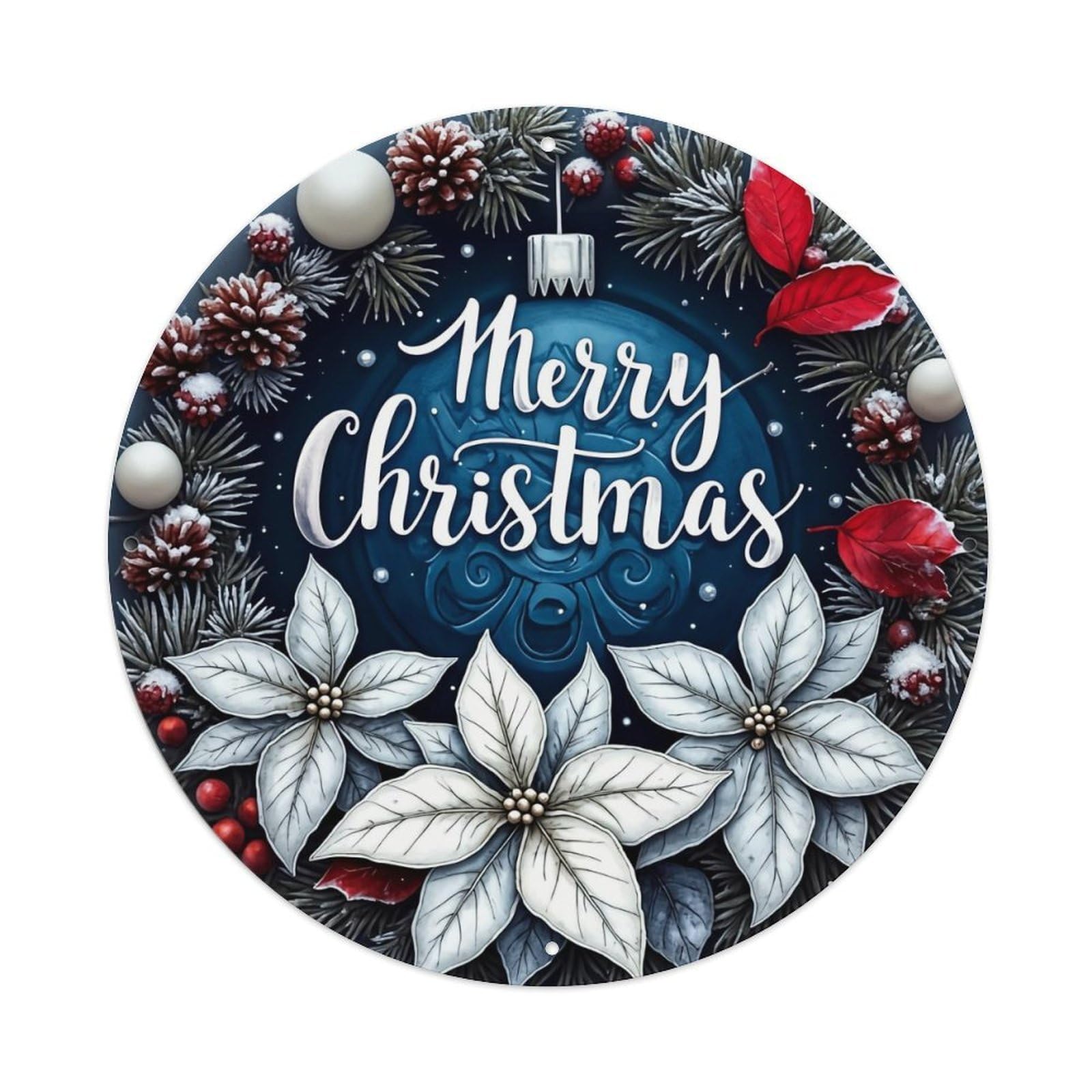 Merry Christmas Wreath Design Retro Metal Sign Round Tin Sign, Vintage Decor Art Poster for Bar, Home, Man Cave, Kitchen, Laundry Room Gift 8x8Inch