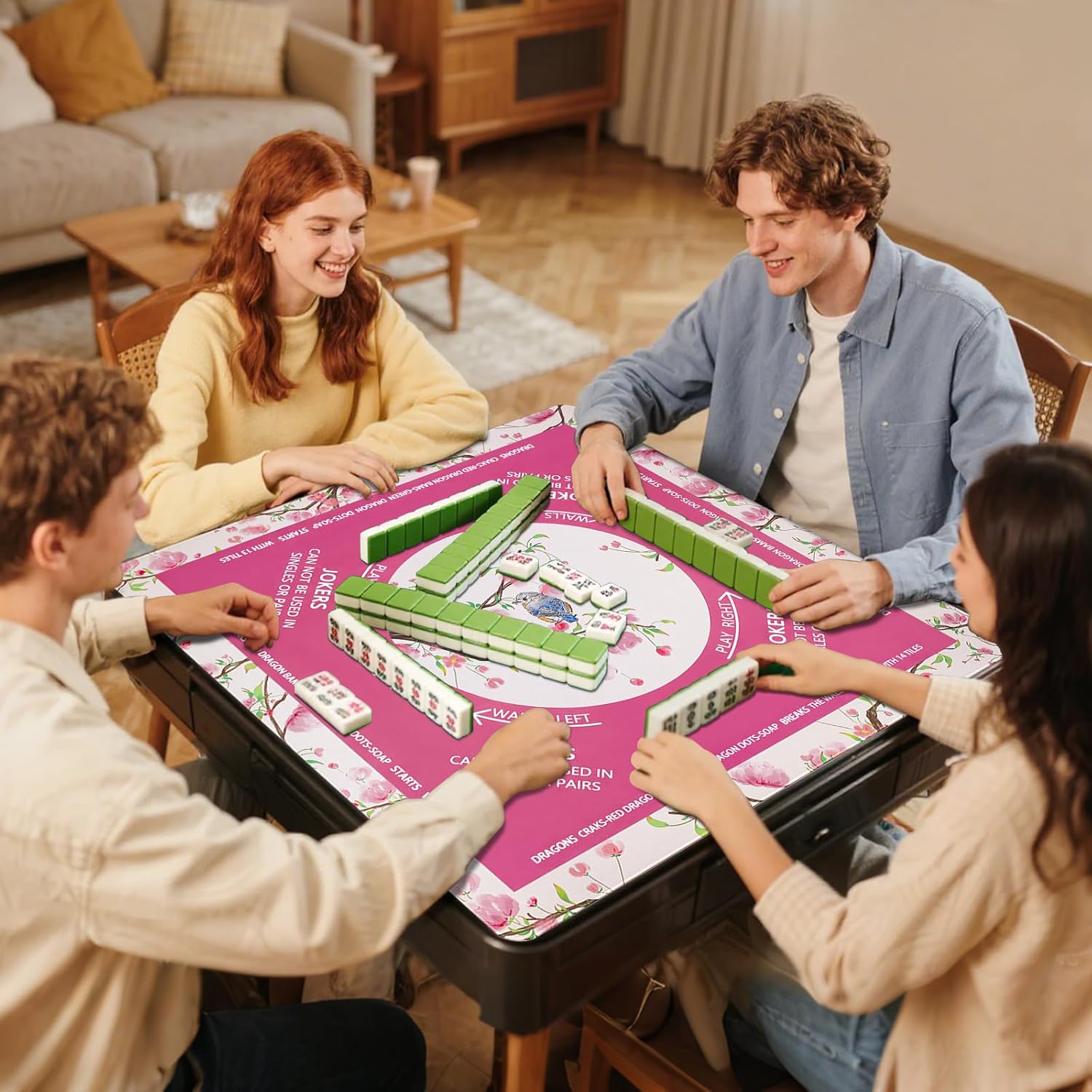 Mahjong Mat for Table with Rules, Noise-Reducing 32.6"x32.6" Mahjong Table Cover, Non-Slip Table Cloth for American Mahjong, Poker, Card, Board & Tile Game, Easy Storage with Travel Bag (Rose Red)