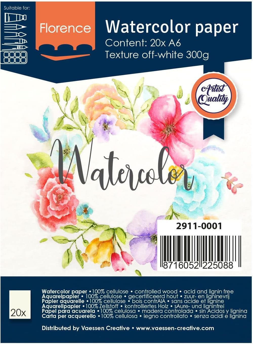 Vaessen Creative Florence Watercolour Paper A6, Ivory, 300 GSM, Artist Grade Quality, Textured Surface, 20 Sheets for Painting, Handlettering, Art Projects