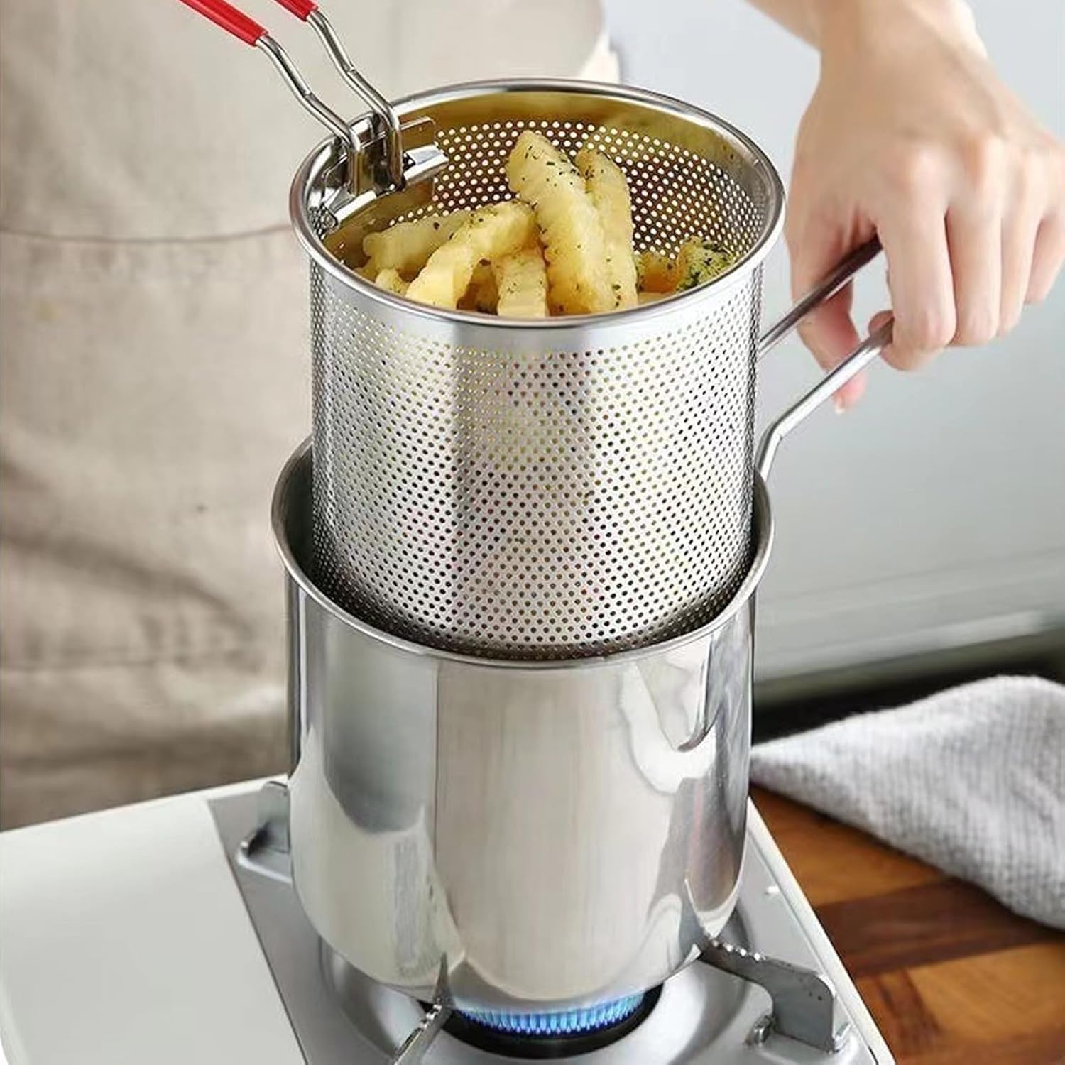1 Set Deep Fryer Pot with Basket, 1200ml Handled Stainless Steel Chip Pan, Small Deep Fat Fryer French Fries Pot, Japanese Style Tempura Frying Pan, Fryer Pasta for The Home-image-17