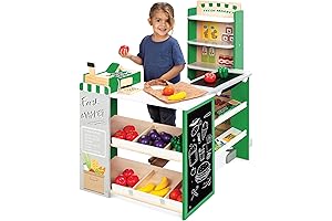 Best Choice Products Kids Wooden Supermarket Toy Set w/Play Food, Chalkboard, Cash Register, Conveyor
