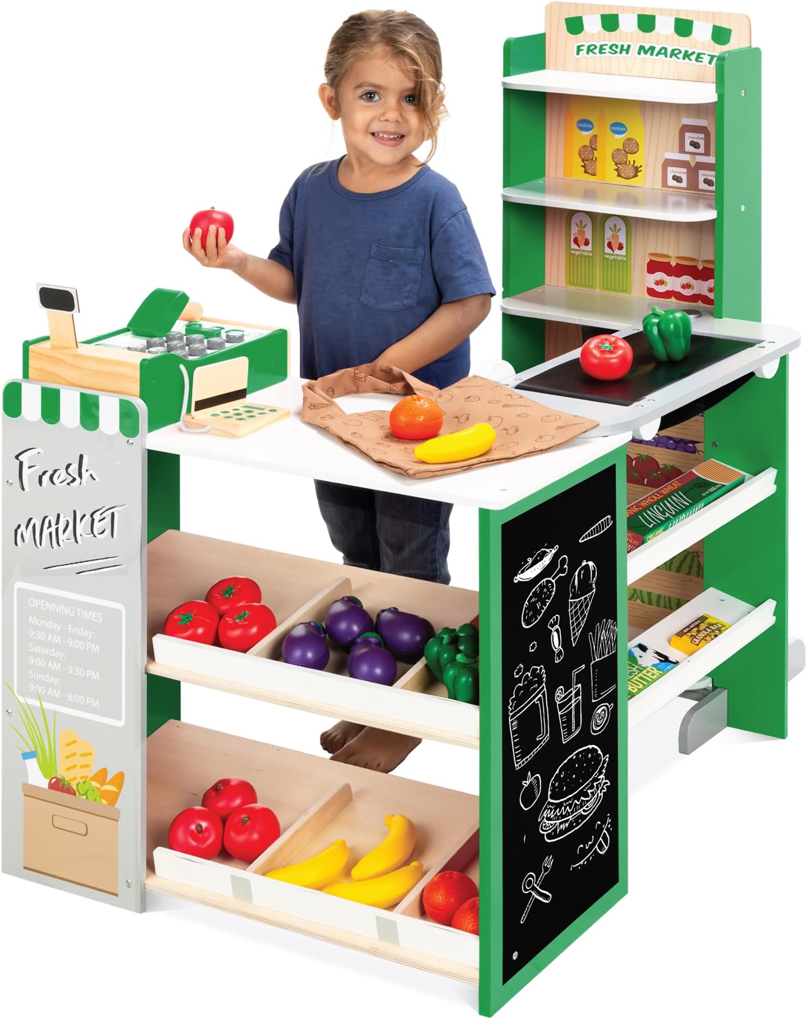 Best Choice Products Pretend Play Grocery Store Wooden Supermarket Toy Set for Kids w/Play Food, Chalkboard, Cash Register, Working Conveyor - Green