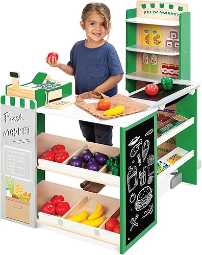 Best Choice Products - Set de juguete de simulación de tienda de comestibles de madera para niños con alimentos de juego, pizarra, caja