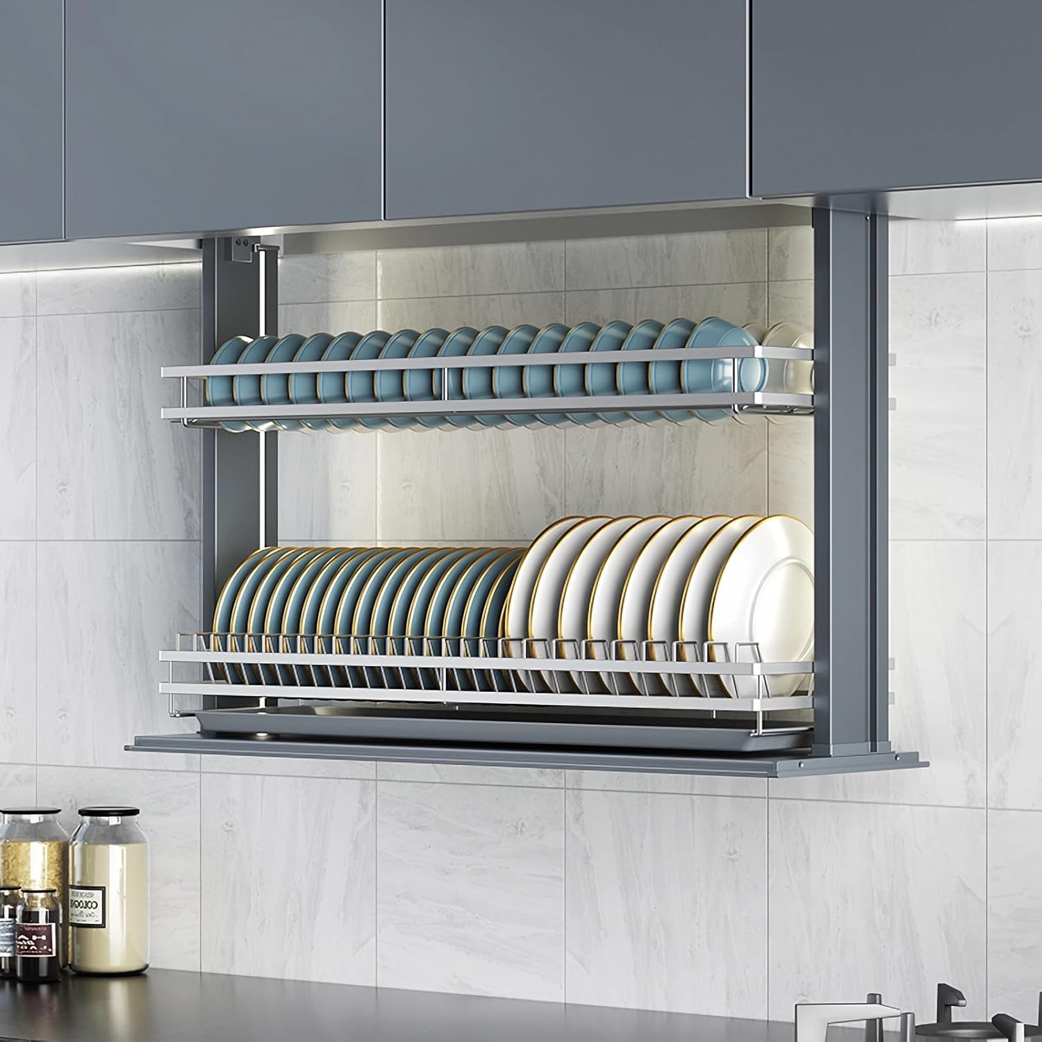 Smart Dish Drying Rack - Touch Switch Pull Down Shelf for Upper Cabinets 20", 2-Tier Sensor LED Lights Wall Mounted Cabinet Organizer