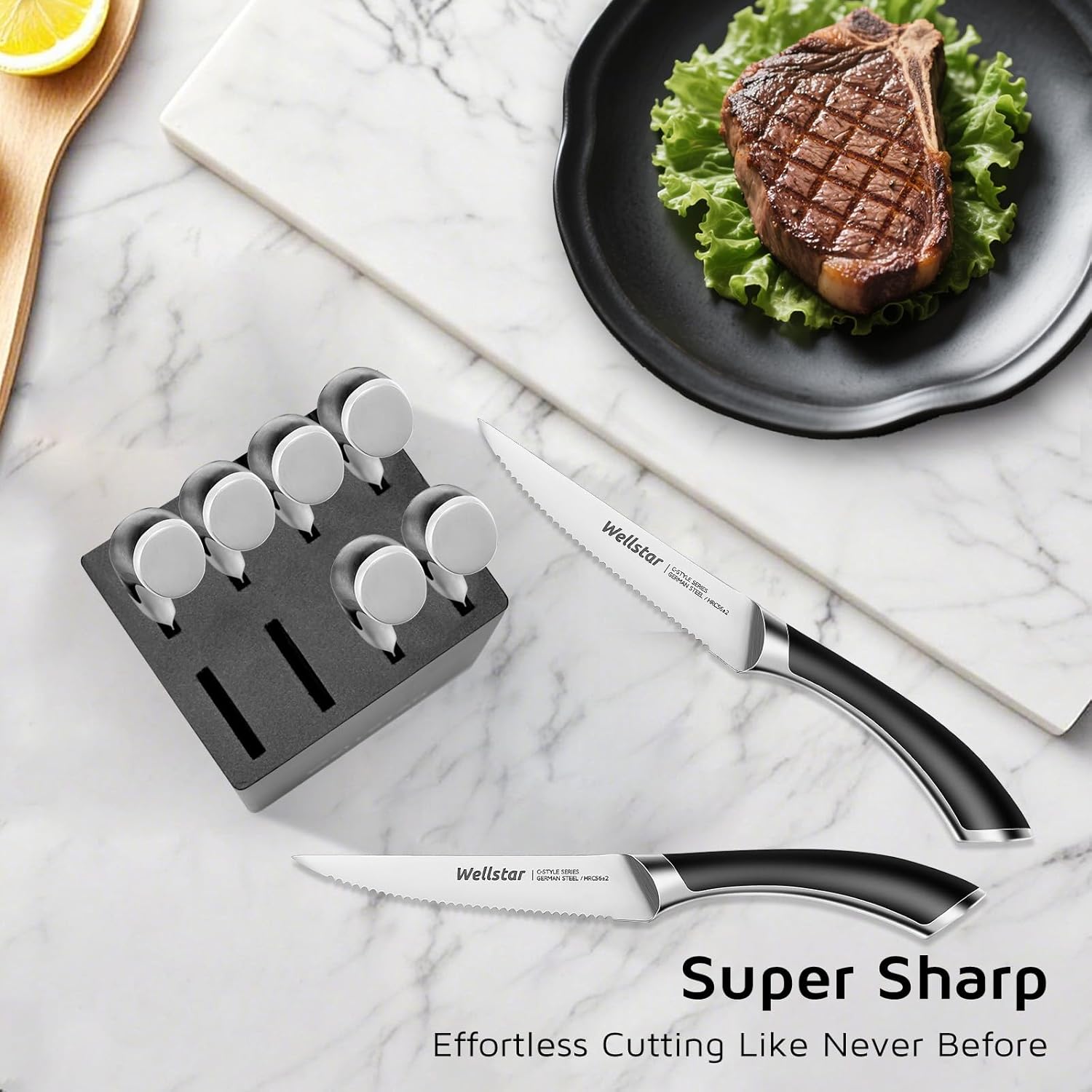 WELLSTAR Steak Knives Set of 8 with Wood Block, 4.75 Inch Sharp Serrated Steak Knife Set, Razor Sharp German Stainless Steel with Full Tang Handle, Space Saving Steak Knife Set