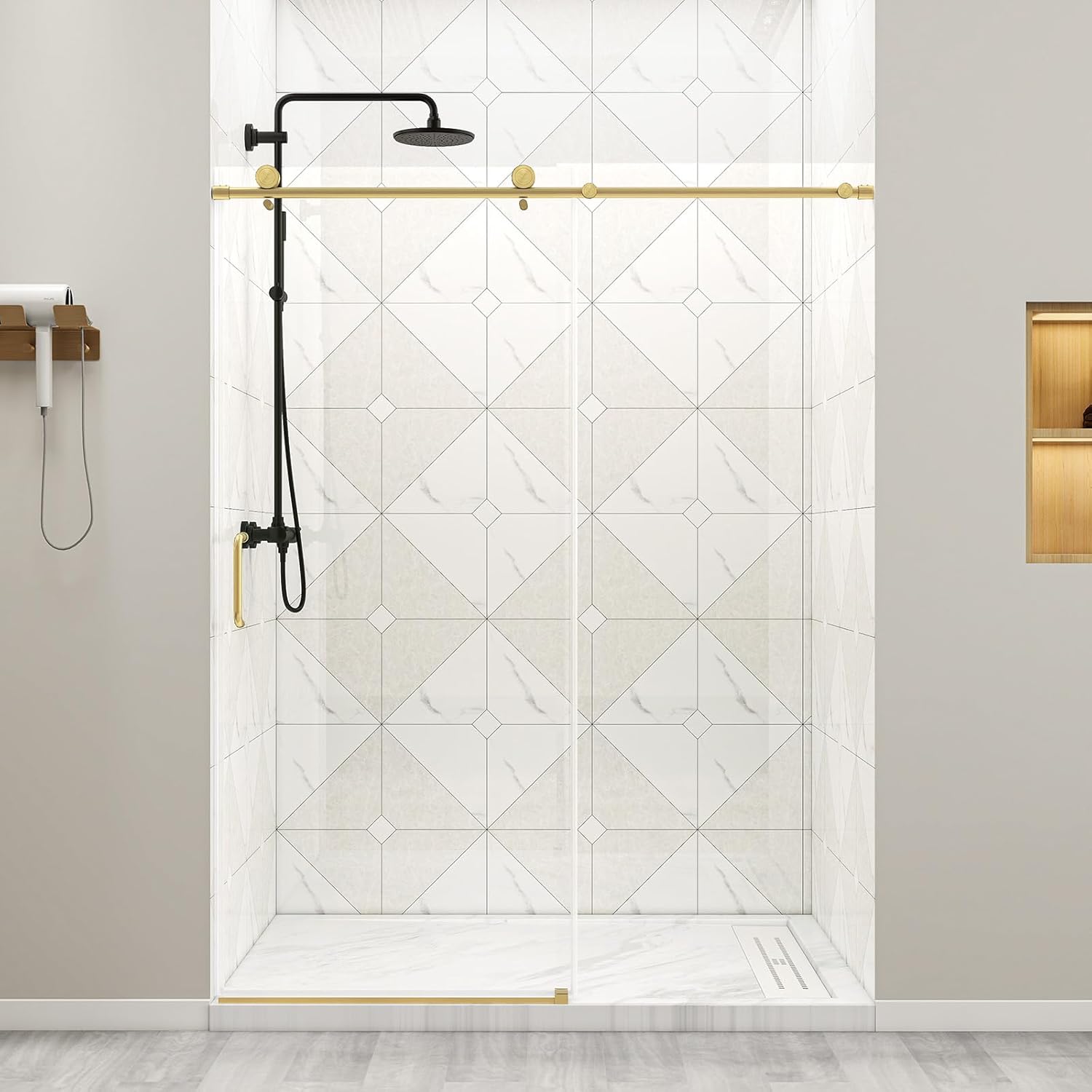 Zevemomo 56"-60" W x 76" H Frameless Sliding Shower Door, Single Sliding Door with 1/4'' Tempered Glass, Silent Soft-Close Shower Door, Explosion-Proof Film, Stainless Steel Handle, Gold