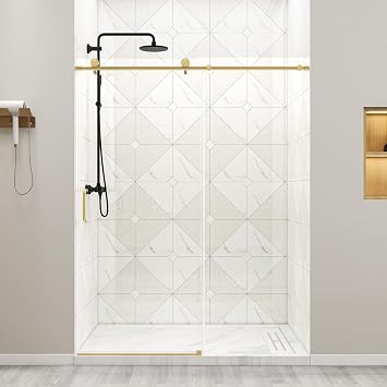 Zevemomo 56"-60" W x 76" H Frameless Sliding Shower Door, Gold