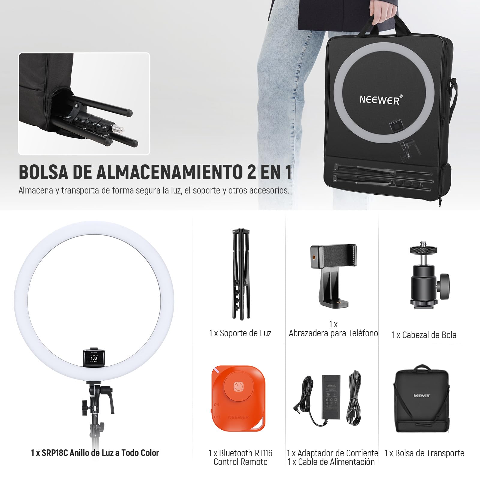 NEEWER SRP18C - Juego de Luces LED RGB ultradelgadas con Control de aplicación con Soporte de luz Reversible, Soporte para teléfono, rótula, 2500 K – 10000 K, CRI 95+/TLCI 97, 3700Lux/0,5 m, 18
