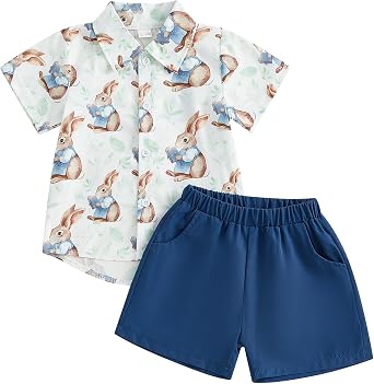 Karuedoo Toddler Baby Boy Easter Outfit Bunny Print Button Down Short Sleeve Shirt and Shorts Set Gentleman Suits