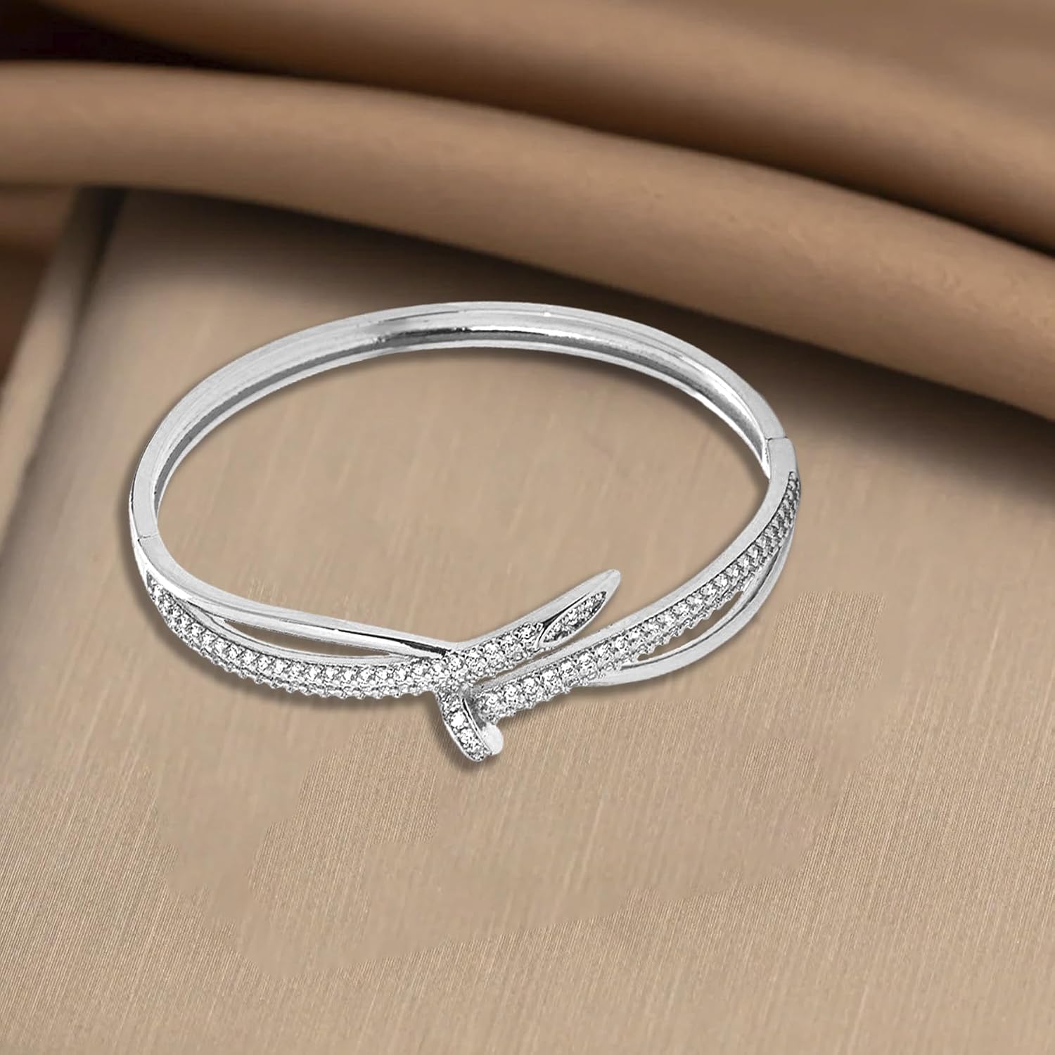 Gold Silver Plating Cubic Zirconia Cuff Nail Bracelet fro Women Screwed Nail Crystal Bangle bracelets Fashion Jewelry Bracelet for Women Gift (Silver)