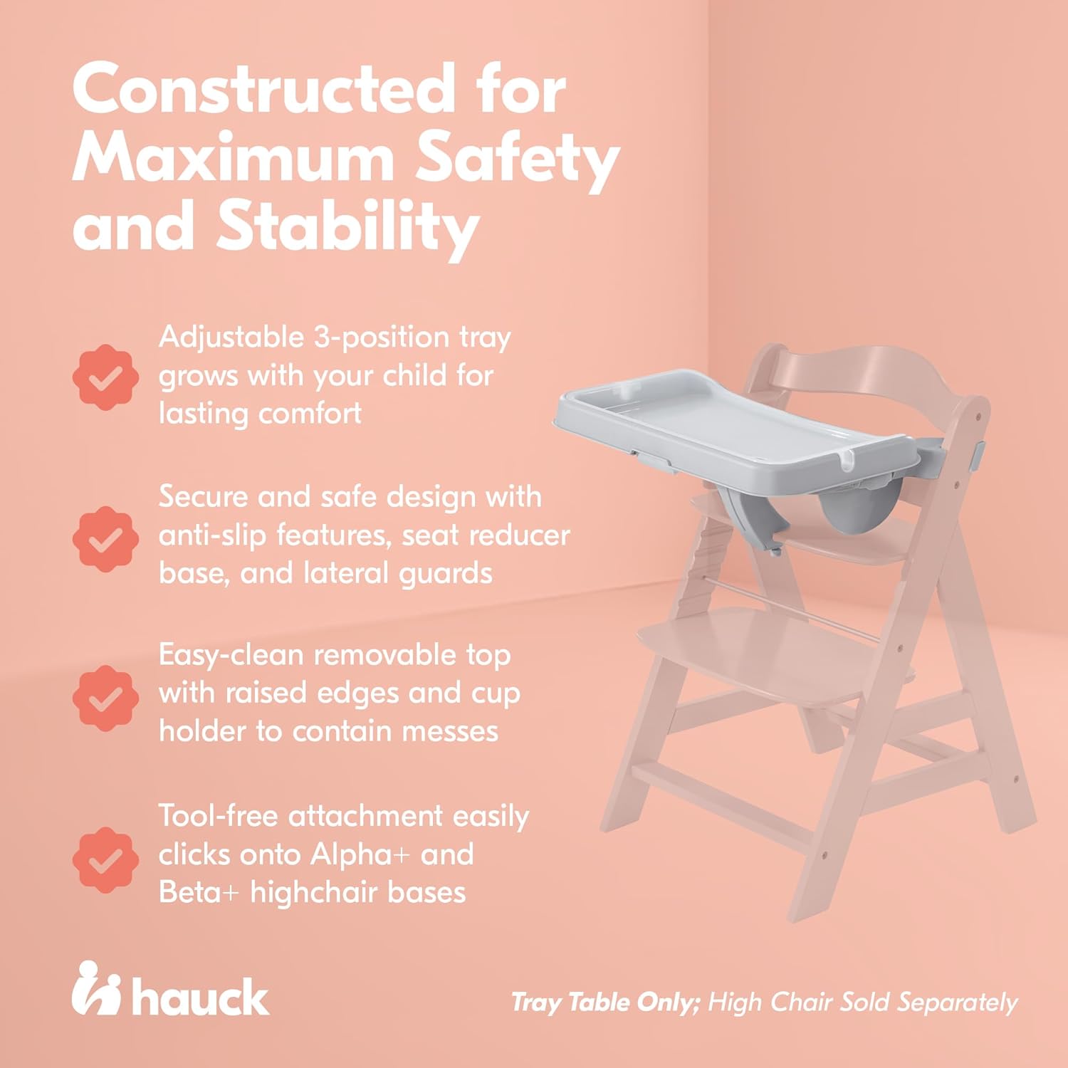 hauck Alpha Removable Non Slip High Chair Table Tray with Adjustable Depth, Compatible with Wooden Grow-Along Alpha+ and Beta+, Accessory Only, Grey,