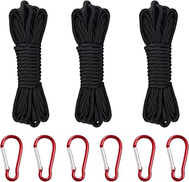 3 Pack Braided Nylon Rope 4mm Thick Heavy Duty with 6 Buckles Black