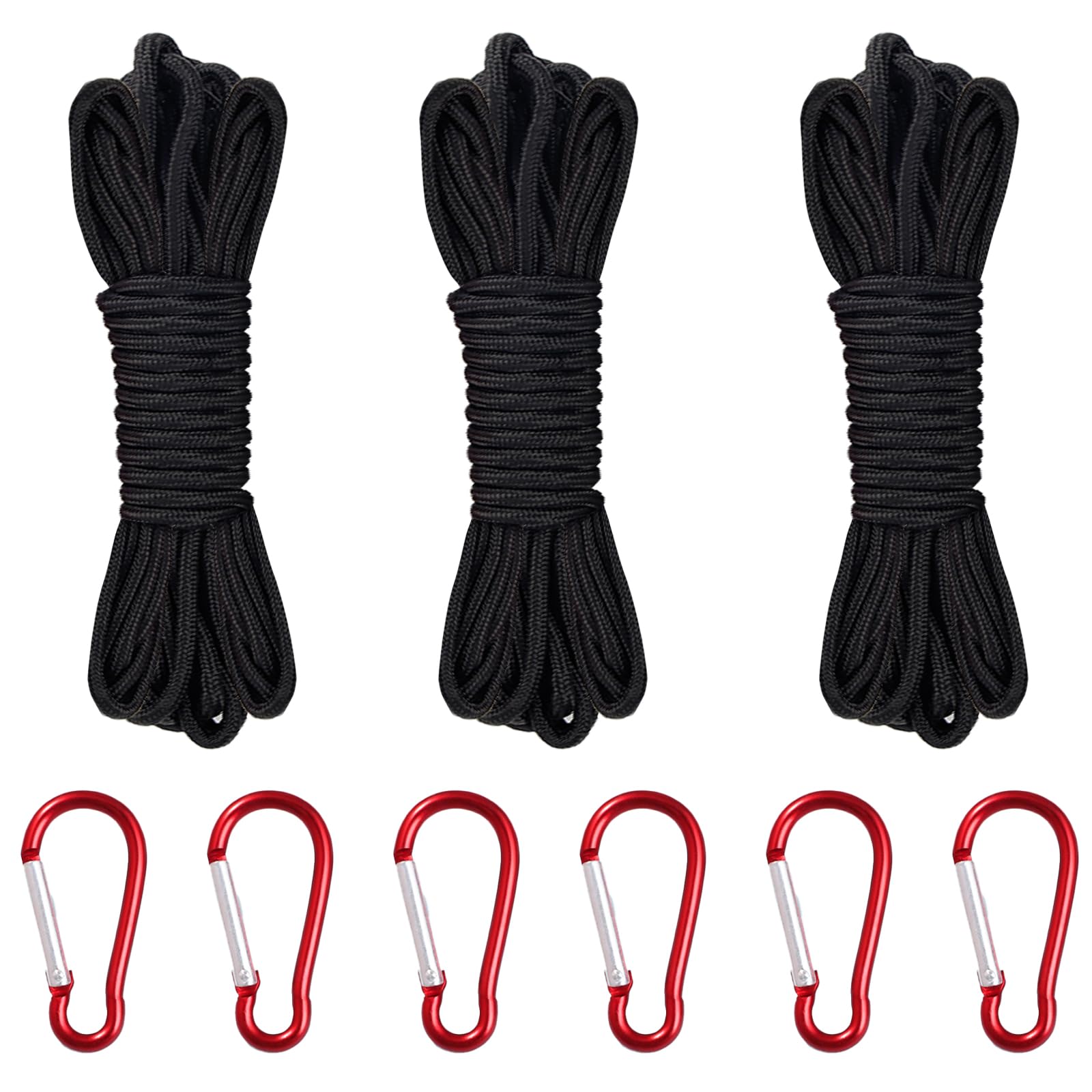 3 Corde en Nylon, 10M Corde de Rappel, Noir Polypropylène Corde, Corde de Flottaison, Corde d'ancrage avec 6 Boucles d'alpinisme, Brins en Nylon Corde Multifonction pour Camping Extérieur DIY