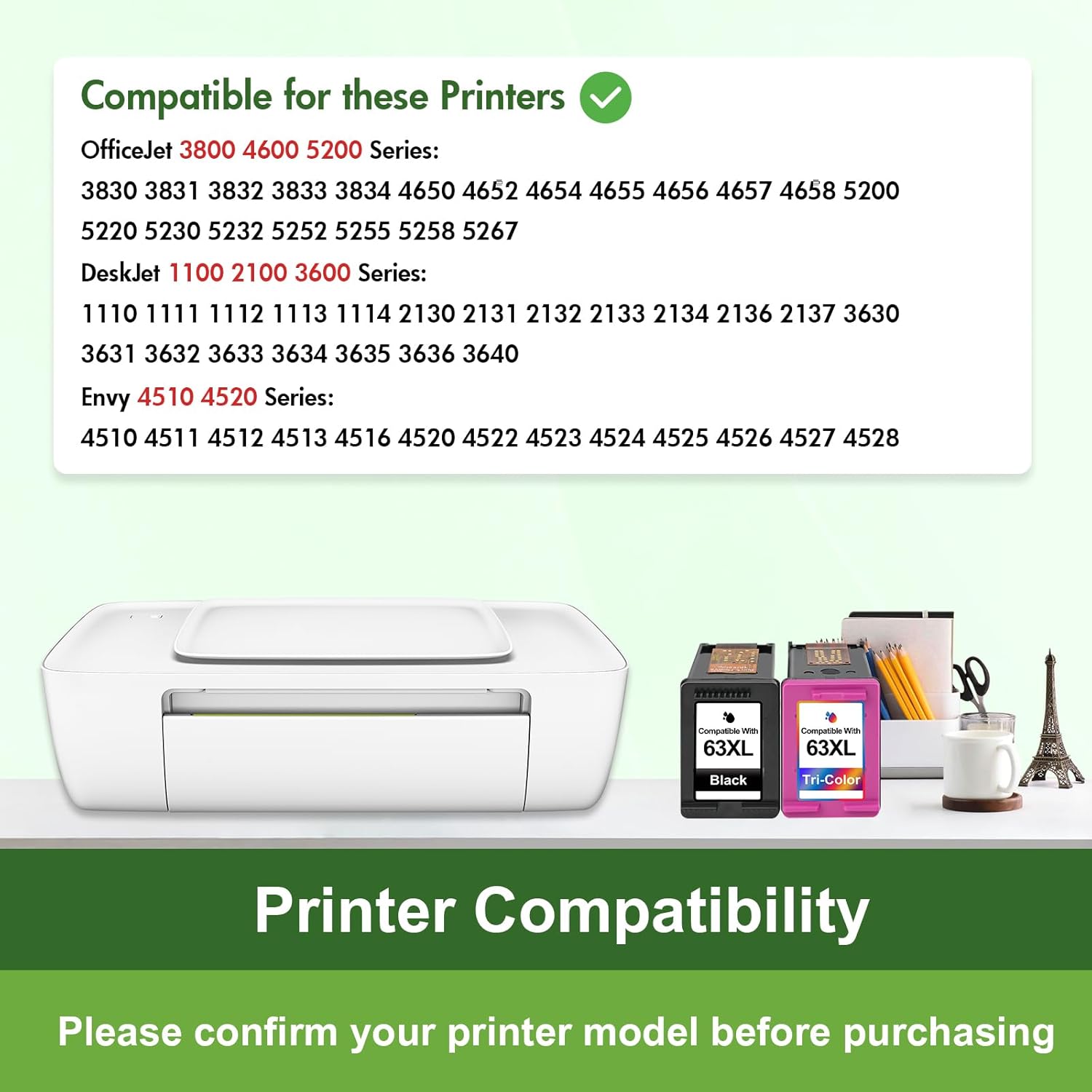 CRIPY 63XL Ink Cartridges Combo Pack Compatible for HP 63 63XL, Works for HP OfficeJet 3830 4650 5200 Envy 4510 4512 4520 DeskJet 1112 2130 3630 Printers (63XL Ink 2 Pack)