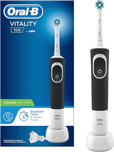 OralB Cross Action Vitality 100 Spazzolino Elettrico Base Ricaricabile 1 Manico 1 Testina Movimento Oscillatorio e Rotatorio con Timer Batteria Litio Idea Regalo Nero