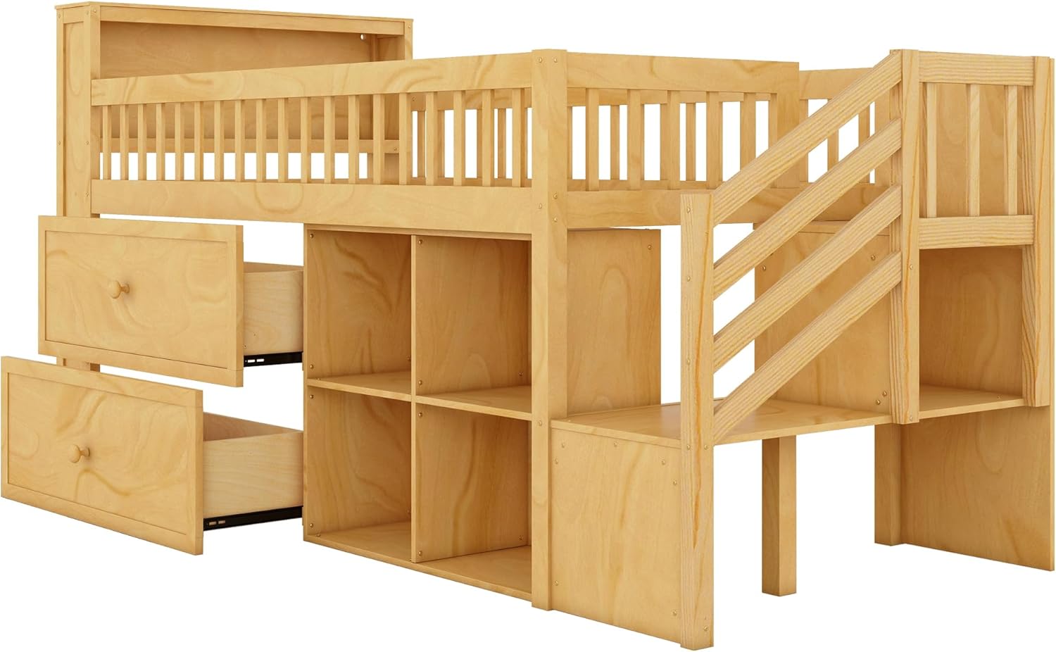 LUMISOL Wood Loft Bed Twin Size with Stairs, Wooden Low Loft Bed Frame with Storage Drawers and Shelves, No Box Spring Needed, Natural