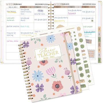 Teacher Planner 2026-2027, Weekly & Monthly, 8.5"x10.2", Pink Floral | Grade Book, Attendance, Student Info & Grade Records, 7-Period Mon-Fri Layout, Reminder Stickers, Ink-Proof Paper, Lay-Flat