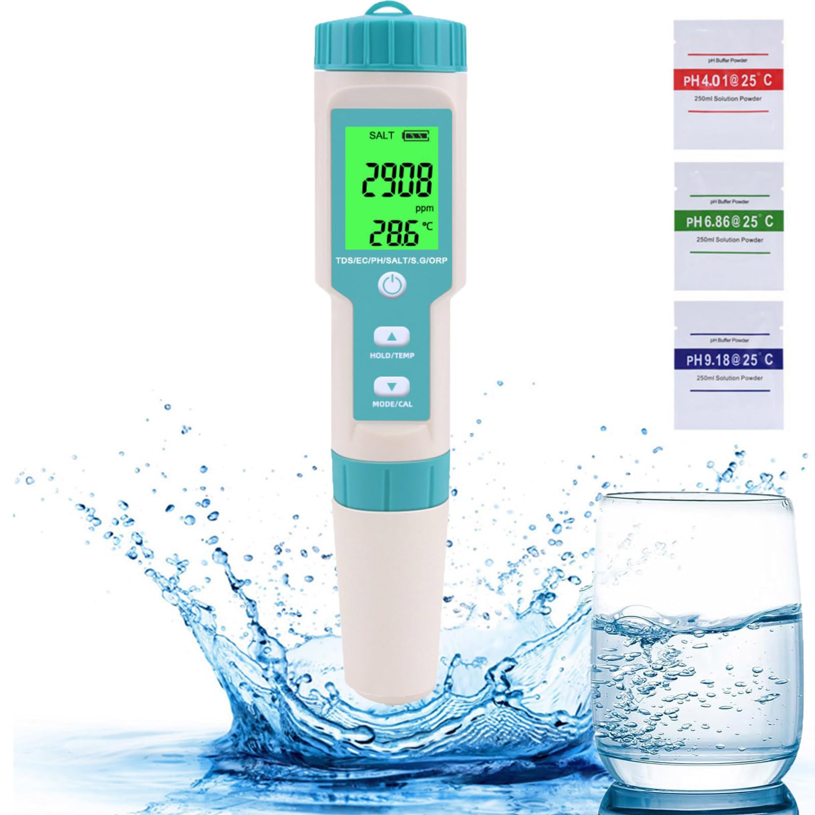 Misuratore pH 7 in 1 con PH/TDS/SALT/ORP/S.G/TEMP/EC, TDS tester con Display LCD, per Piscine, Acquari, Spa