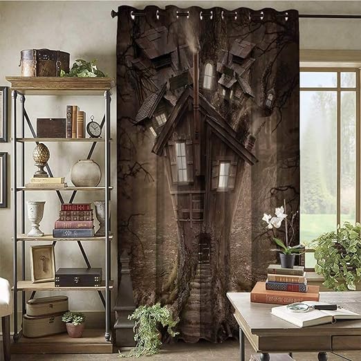 Amazon ファンタジーの家の装飾 森林 カーテン 間仕切り のれん 目隠し 2x0 Cm しカーテン 突っ張りパーティション つっぱりパーテーション 神秘的な森のおとぎ話の物語とファンタジーのツリーハウス のれん オンライン通販