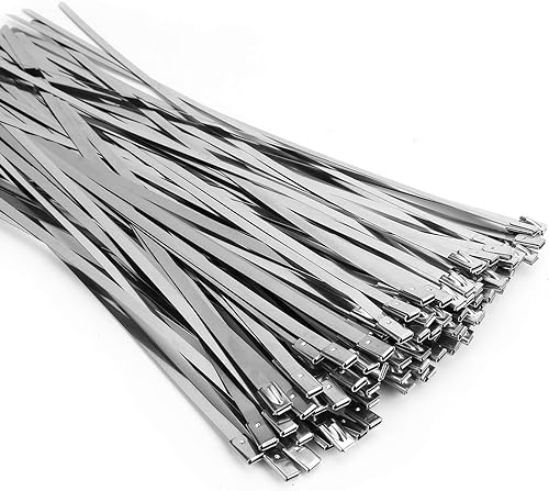 Metal Zip Ties (100PCS 11.8 Inch), 304 Stainless Steel, Heavy Duty Self-locking Cable Ties, for Exhaust Wrap, Chain Link Fence Parts, Wire Fence Rolls, Poultry Fence Outdoor.