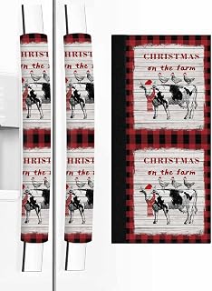 Christmas Refrigerator Door Handle Cover Farmhouse Cow Chicken Dishwasher Microwave Oven Fridge Stove Handles Wood Grain Buffalo Plaid Winter Fridge Protector Kitchen Appliance Decor 2 PCS