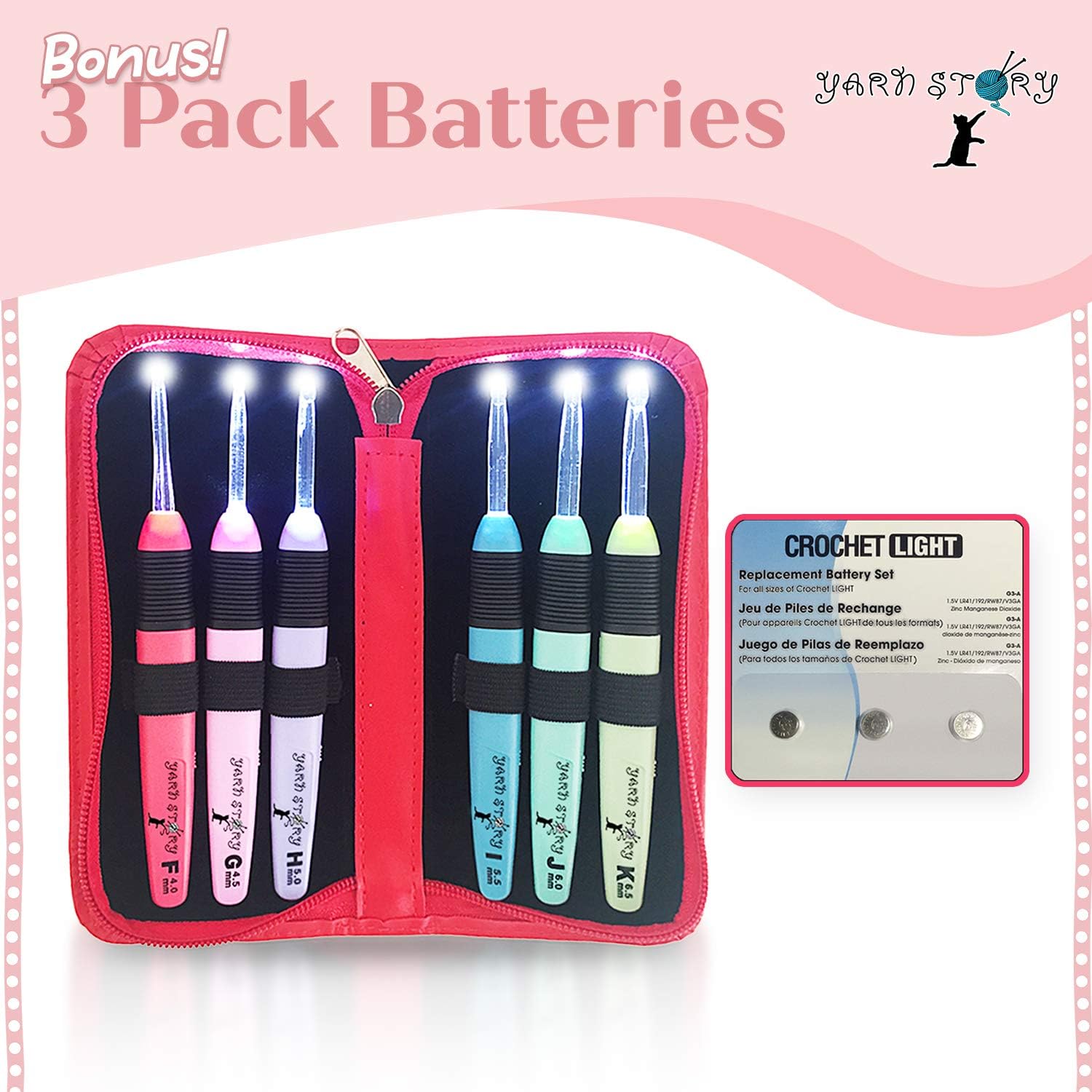 Lighted Crochet Hooks with Case, 6 pcs Set with 3 Pack Replacement Batteries - LED Lite Hooks with Ergonomic Soft Grip Handles - Set of 6 Hooks for Arthritic Hands - Size 4mm to 6.5mm (RED)